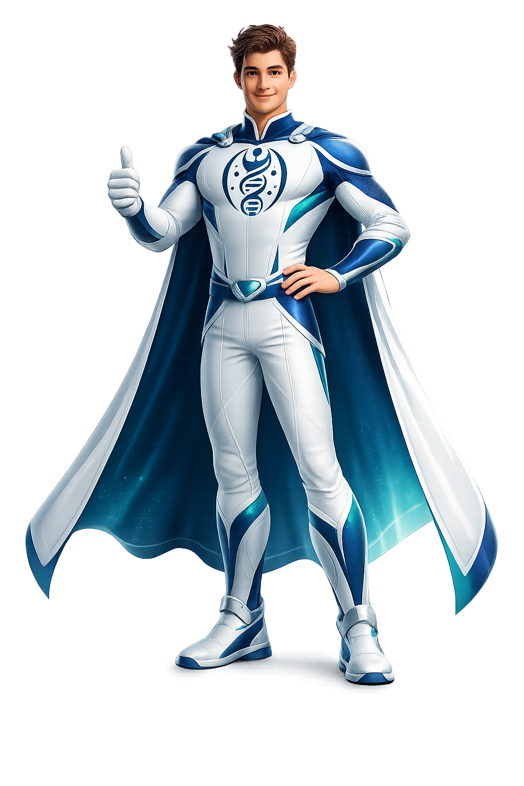 Il personaggio Renaey in costume bianco e blu con il pollice alzato